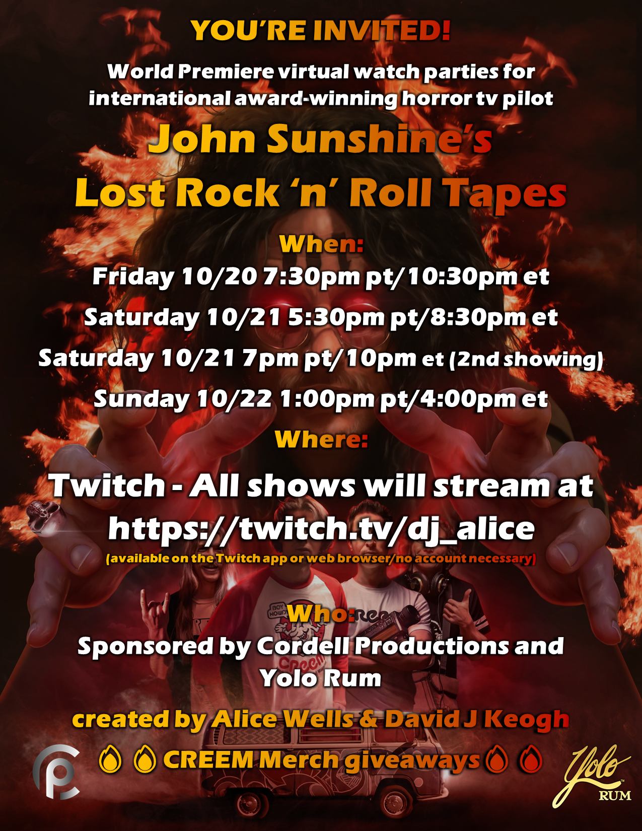YOU'RE INVITED to the world premiere watch party of the horror tv pilot, John Sunshine’s Lost Rock 'n' Roll Tapes, an international award-winning boldly dark comedic horror/supernatural rock-mock series set in the 1970s and present day Pacific Northwest.