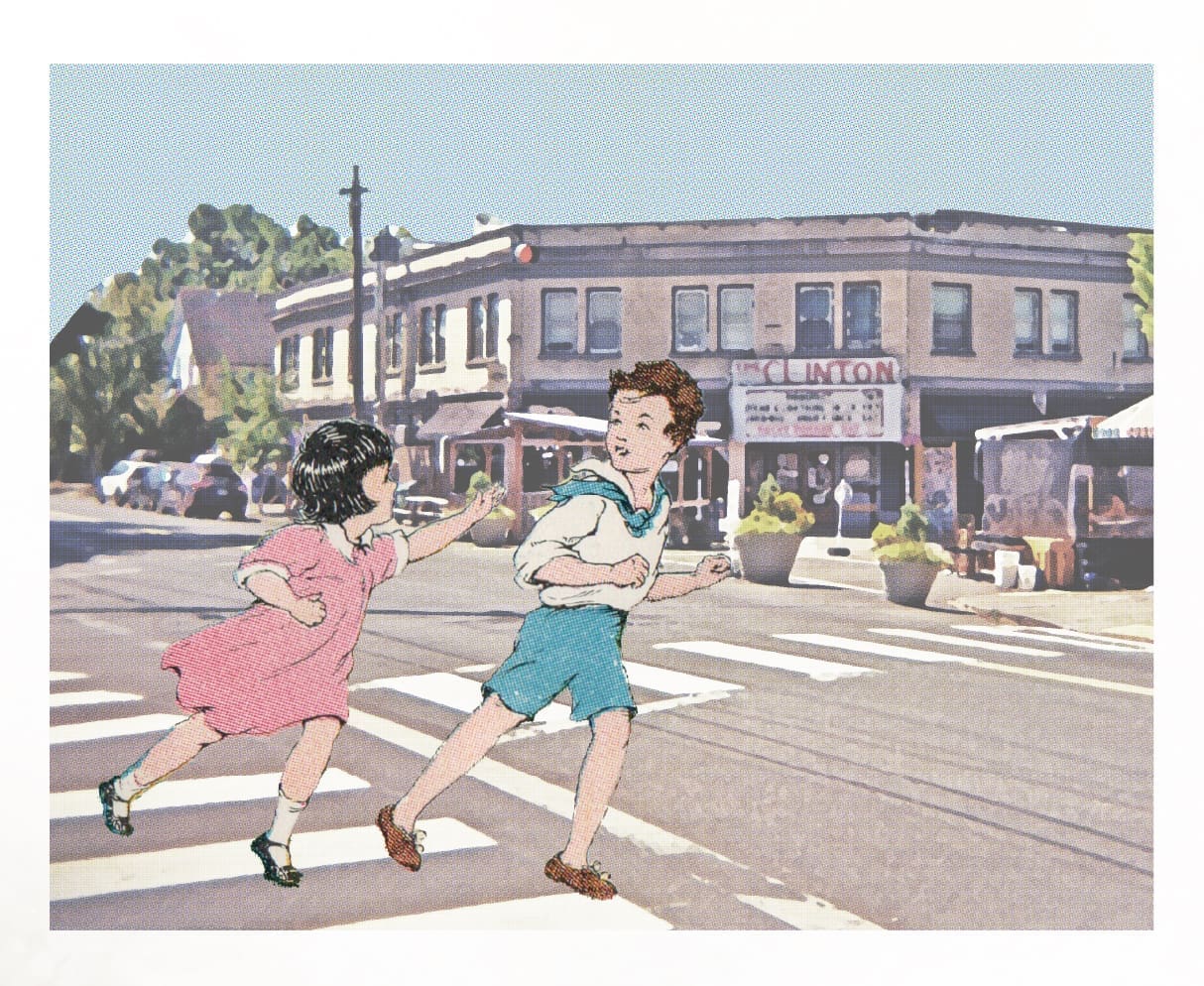 Dick and Jane of primary grade reading fame play a game of tag in front of the Clinton Street Theater.